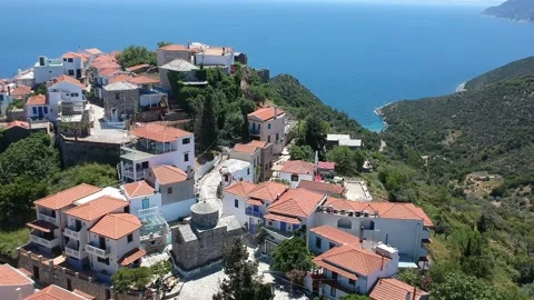 Aerial panoramic view over Chora the old Village of Alonnisos, Greece 動画素材 163384342