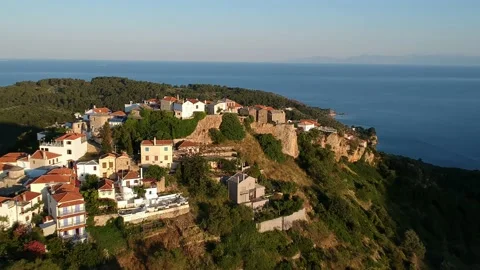 Aerial panoramic view over Chora the old Village of Alonnisos, Greece 動画素材 163386093