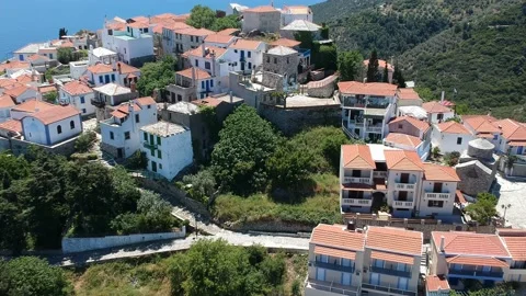 Aerial panoramic view over Chora the old Village of Alonnisos, Greece 動画素材 163386896