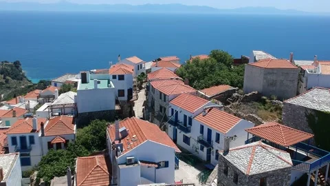 Aerial panoramic view over Chora the old Village of Alonnisos, Greece 動画素材 163390164