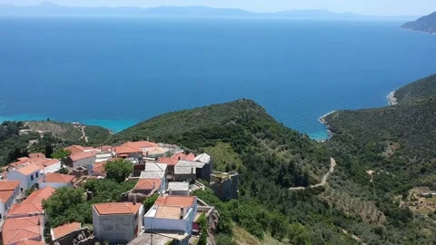 Aerial panoramic view over Chora the old Village of Alonnisos, Greece 動画素材 163393939