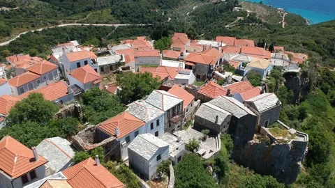 Aerial panoramic view over Chora the old Village of Alonnisos, Greece 動画素材 163395707