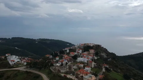 Aerial panoramic view over Chora the old Village of Alonnisos, Greece 動画素材 163398131