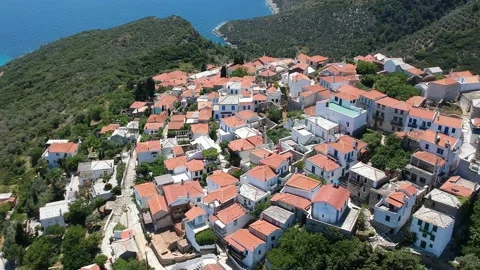 Aerial panoramic view over Chora the old Village of Alonnisos, Greece 動画素材 163400868
