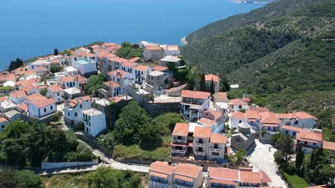 Aerial panoramic view over Chora the old Village of Alonnisos, Greece 動画素材 163403927