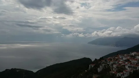 Aerial panoramic view over Chora the old Village of Alonnisos, Greece 動画素材 163404956