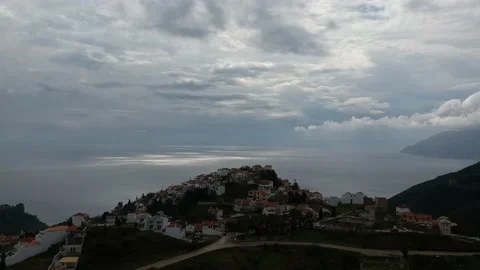 Aerial panoramic view over Chora the old Village of Alonnisos, Greece 動画素材 163405205