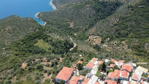 Aerial panoramic view over Chora the old Village of Alonnisos, Greece 動画素材 163406624
