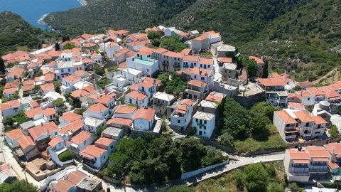 Aerial panoramic view over Chora the old Village of Alonnisos, Greece 動画素材 163408381