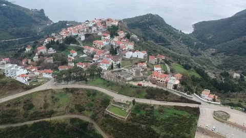 Aerial panoramic view over Chora the old Village of Alonnisos, Greece 動画素材 163408709