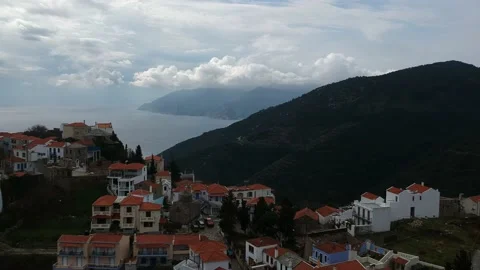 Aerial panoramic view over Chora the old Village of Alonnisos, Greece 動画素材 163409508
