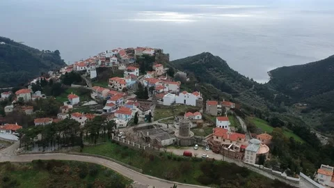 Aerial panoramic view over Chora the old Village of Alonnisos, Greece 動画素材 163410094