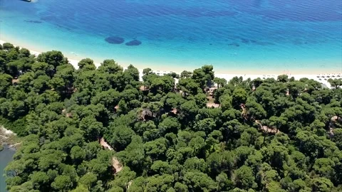 Aerial panoramic view over koukounaries beach, Skiathos island, Greece Stock Footage 137069382