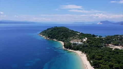 Aerial panoramic view over koukounaries beach, Skiathos island, Greece Stock Footage 137070874
