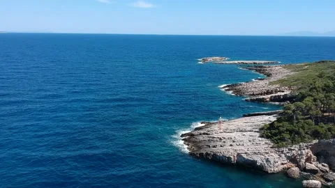 Aerial panoramic view over Patitiri, the capital town of Alonnisos island in  스톡 동영상 166017183