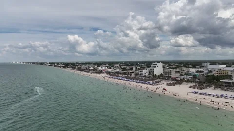 Aerial panoramic view over Puerto Progreso, showing the beachfront city with Stock Footage 321449627