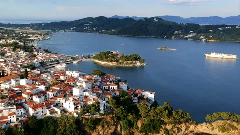 Aerial panoramic view over Skiathos island, Sporades, Magnesia, Greece Stock Footage 136987485