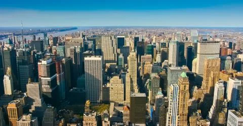 Aerial panoramic view over upper manhattan Stock Photos