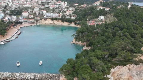 Aerial panoramic view over Votsi Beach in Alonnisos island, Sporades, Magnesi Stock Footage 165962725