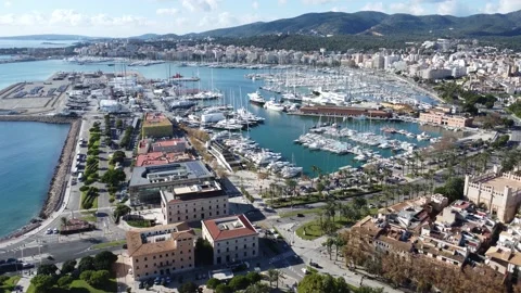 Aerial panoramic view of Palma de Mallorca &amp; Port Marina with sailing boats Stock Footage 166475752