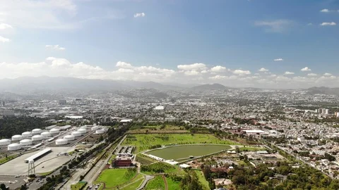 Aerial panoramic view of Parque Bicentenario in Mexico City. Drone flying Vídeos de archivo 120104767