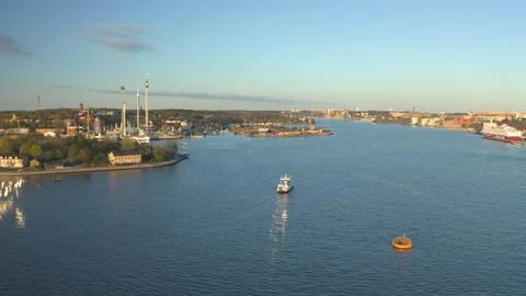 Aerial panoramic view of passenger ferry on Riddarfjärden in Stockholm, Sweden Stock Footage 129379249