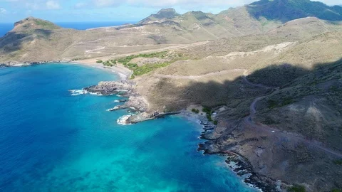 Aerial panoramic view of picturesque scenery of volcanic coast on Ua Pou island Stock Footage 91251253