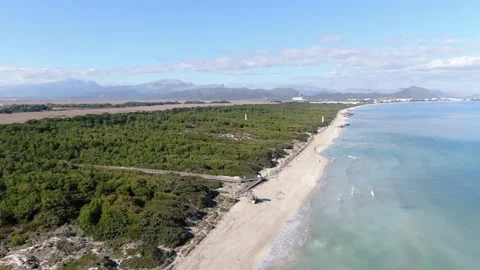 Aerial panoramic view of the Playa De Muro  Beach Stock Footage 207706996