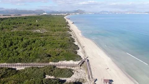 Aerial panoramic view of the Playa De Muro  Beach Stock Footage 207707134