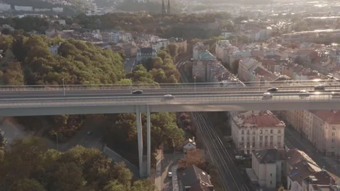 Aerial panoramic view of Prague Bridge during summer Stock Footage 132117853