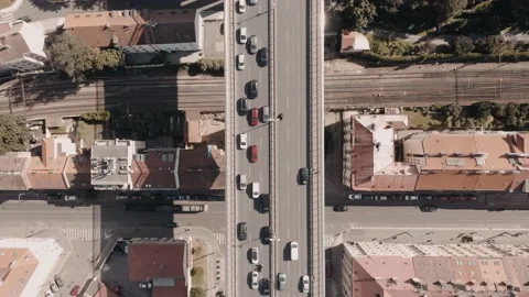 Aerial panoramic view of Prague Bridge during summer Stock Footage 137114633