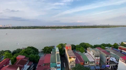 Aerial panoramic view of the Red River in Hanoi, Vietnam 4K Stock Footage 245280621