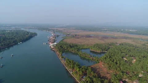 Aerial panoramic view of river and boats anchored here. Sal river Goa, India. 스톡 동영상 84953269