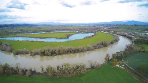 Aerial Panoramic view of the river Tevere in Italy, near Rome. Stock Footage 87124652