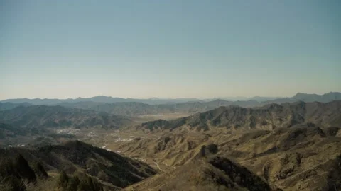 Aerial Panoramic View of Rugged Mountain Landscape Near Beijing, China on Clear Stock Footage 345825637