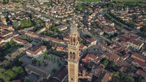 Aerial Panoramic View of Santa Sofia Bell Tower at Sunset Video stock 240558077