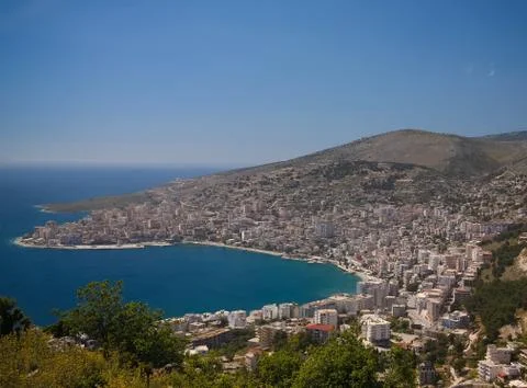 Aerial Panoramic view to Saranda city and bay of Ionian sea from Lekuresi Cas Stock Photos