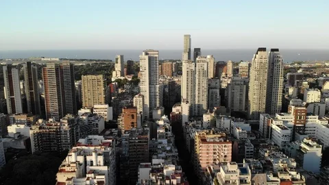 Aerial panoramic view of the skyline in Buenos Aires, Argentina, drone facing La Stock Footage 126507334