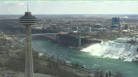 Aerial panoramic view of Skylon Tower, Peace Bridge, American Falls and Niagara  Stock Footage 88168681
