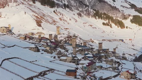 Aerial panoramic view snow-covered Adishi village in Georgia Svaneti region.. Stockbeeldmateriaal 333293148