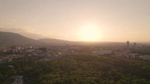 Aerial panoramic view of Sofia city and Vitosha mountain at sunset Stock Footage 196221646
