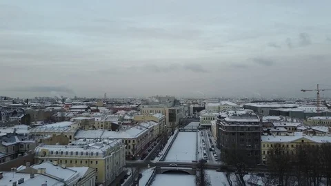 Aerial Panoramic View: St. Nicholas Naval Cathedral belfry in winter sunset, SPb Stock Footage 71153011