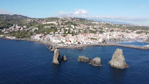 Aerial Panoramic view of the stacks of Acitrezza Stock Footage 167805743