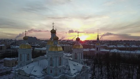 Aerial Panoramic View: St.Nicholas Naval Cathedral panorama on winter sunset,SPb Stock Footage 71152748