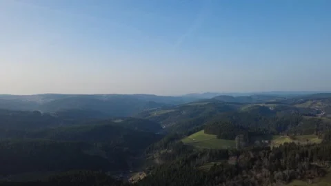 Aerial panoramic view of sunny rural landscape, forests and hills Stock Footage 330682264