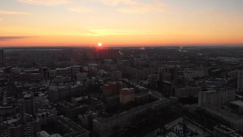 Aerial panoramic view of sunset evening over Voronezh city from above, many Stock Footage 102783839