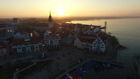 Aerial Panoramic View of Sunset Over Friedrichshafen City, Skyline - Germany Stock Footage