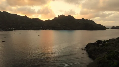 Aerial panoramic view of Taiohae bay on Nuku Hiva island - Marquesas Islands Stock-Footage 90809738