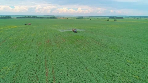 Aerial panoramic view of a tractor machine spraying the field with pesticides Stock Footage 197059295