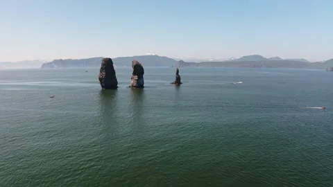 Aerial panoramic view of Tri Brata cliffs in Avacha Bay Stock Footage 168213236
